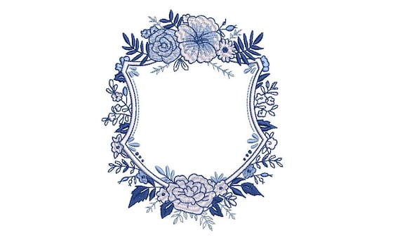 Blue & White Flower Crest Machine Embroidery File design 5x7 inch hoop - Monogram Frame