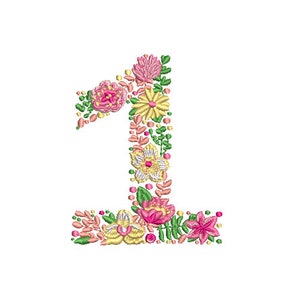 Spring Flowers Number 1 - ONE  - First Birthday-  Machine Embroidery File design - 4x4 hoop - embroidery design