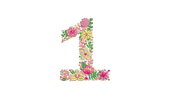 Spring Flowers Number 1 - ONE  - First Birthday-  Machine Embroidery File design - 4x4 hoop - embroidery design