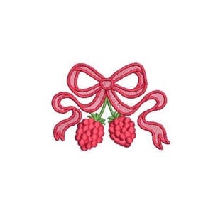 May include: An embroidery design featuring two textured red raspberries with green stems hanging from a decorative pink ribbon tied into a bow. The design uses detailed stitching to create the bumpy surface of the fruit and the flowing fabric texture of the bow.