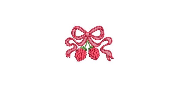 Ribbon Bow Raspberry Embroidery Design - Machine Embroidery Instant Download File - Raspberries Coquette Bow - 3x3 inches