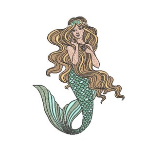 May include: A mermaid with long flowing blonde hair and a teal green tail. She is wearing a crown of leaves and flowers.