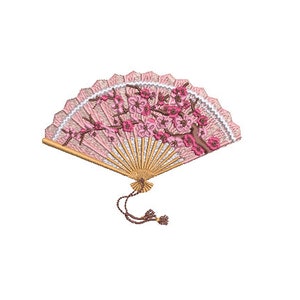 May include: A pink folding fan with a cherry blossom design. The fan has a wooden handle and a tassel.