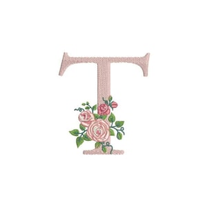 Carta T monograma con Roses máquina bordado diseño 4x4 pulgadas aro