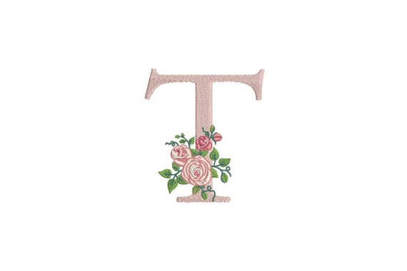 Letter T Monogram with Roses Machine Embroidery File design 4x4 inch hoop