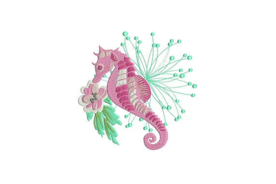Machine Embroidery Seahorse Flowers Machine Embroidery File design 5x7inch hoop