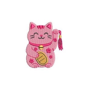May include: A pink embroidered patch featuring a beckoning cat with a smiling face, a gold bell collar, and a gold coin held in one paw. The cat is decorated with small pink flower motifs and holds a pink tassel in its raised left paw.