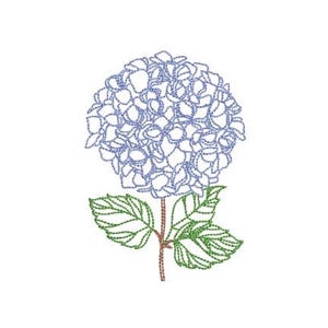 May include: A machine embroidery design featuring a blue hydrangea flower head with a brown stem and green leaves. The design is rendered in a stitch-style pattern with visible thread outlines, creating a textured appearance of a floral bloom.