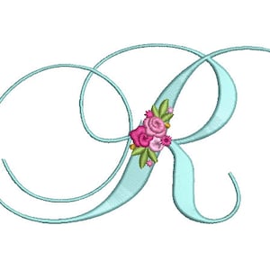 Pretty Rose Script LETTER R Machine Embroidery File design - 5 x 7 pulgadas hoop - Monogram design