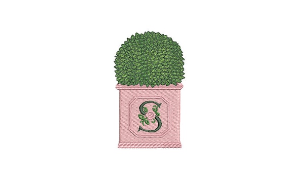 Boxwood Planter Pot Monogram Frame Embroidery - Hamptons Pot Plant - Machine Embroidery File design - 4 x 4 inch hoop - Instant Download