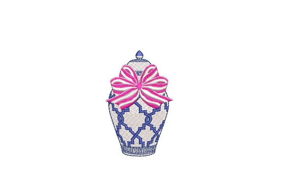 Chinoiserie Chic - Pink Bow Ginger Jar - Machine Embroidery File design - 4x4 hoop