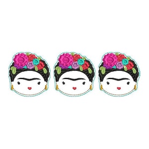 May include: Three embroidered patches featuring a stylized cartoon portrait of Frida Kahlo with a colorful flower crown and a unibrow.