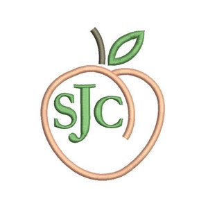 May include: Peach-shaped outline with a green leaf and the letters "SJC" inside. This design is perfect for embroidery or crafting projects.