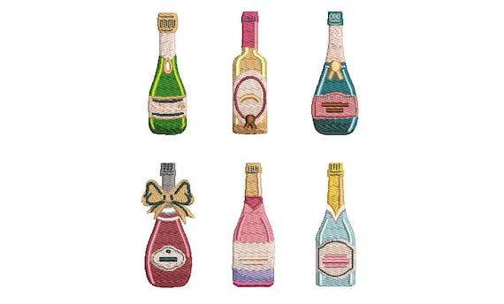 6 Champagne Bottles Machine Embroidery File design - 5 x 7 inch hoop _ Wine Embroidery Design Download