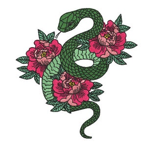 May include: A green snake coiled around pink peonies with green leaves. The snake is curled up and the flowers are in bloom.