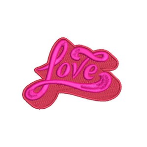 May include: A pink "Love" word art patch with a red background. The word is in a cursive font.