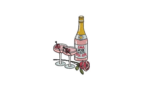 Rose and Glasses Machine Embroidery Design - 4x4 inch hoop - Wine Bottle Embroidery File - Digital Download