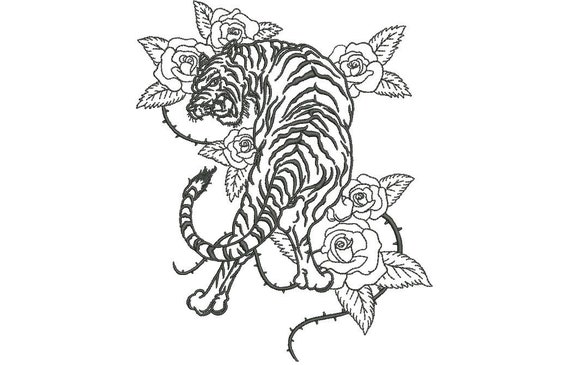 Tiger Embroidery Design - Tiger & Roses Urban Modern Machine Embroidery File design - 5x7 inch hoop - one colour - instant download