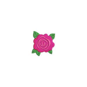 May include: A pink rose with green leaves. The rose is embroidered with a detailed design.