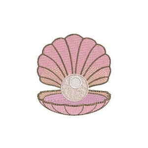 May include: An embroidered patch featuring an open pink seashell with a central white pearl. The shell has dark brown outlines and detailed stitching throughout the pink surface. The pearl is circular with a textured white center and a brown border.