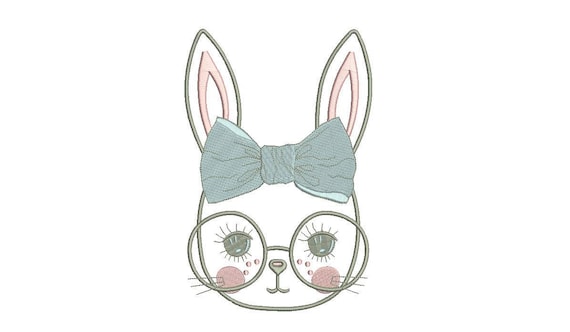 Machine Embroidery - Bunny with Glasses & Bow Outline - Embroidery File design - 6x10 inch hoop