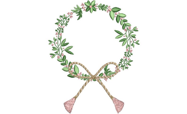 May include: An embroidery design featuring a circular wreath composed of green leaves and small pink flowers. At the bottom, a tan rope-style bow is tied, featuring two long ends that terminate in textured, light pink tassels hanging downwards.