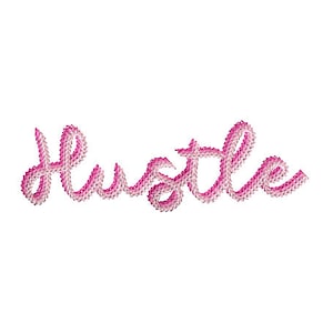 Puede incluir: La palabra "Hustle" bordada en rosa en una fuente cursiva.