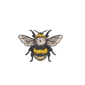 May include: An embroidered patch of a bumblebee featuring a fuzzy thorax with black and yellow stripes, detailed black legs, and translucent wings with a fine black stitched outline. The design uses dense thread work to create a textured appearance.