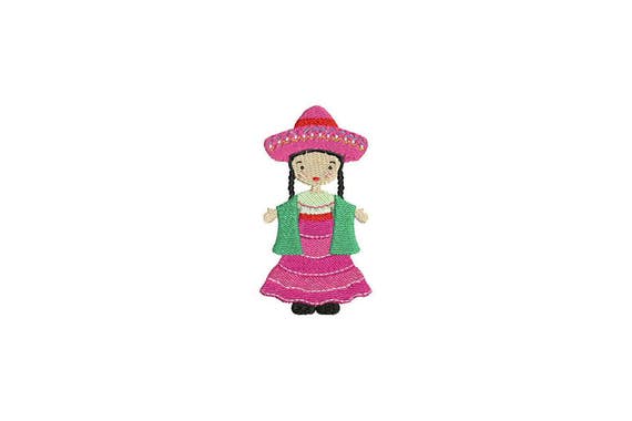 Mexican Girl Embroidery - Bohemian Mexican Folksy Girl with Pink Dress Machine Embroidery File design 4 x 4 inch hoop