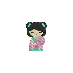 May include: Embroidered design of a girl with black hair and a pink and green kimono holding a pink flower.