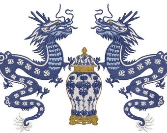 Chinoiserie Dragons and Ginger Jar Design Monogram Frame - Machine Embroidery File design -  8x8 inch hoop - Chinoiserie Embroidery