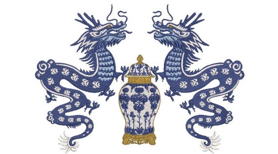 Chinoiserie Dragons and Ginger Jar Design Monogram Frame - Machine Embroidery File design -  8x8 inch hoop - Chinoiserie Embroidery