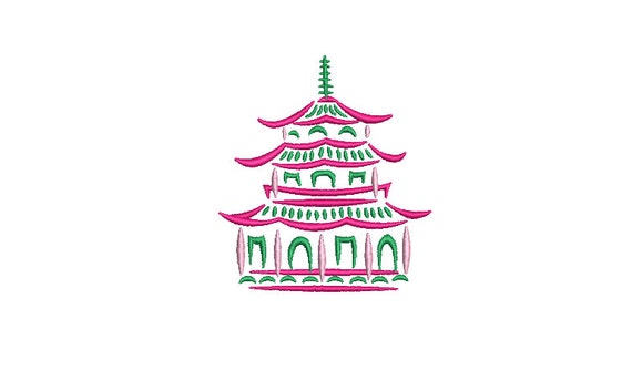 Pagoda Embroidery Design - Painted Pagoda - Chinoiserie Chic Design - 4x4 inch hoop - Machine Embroidery Design