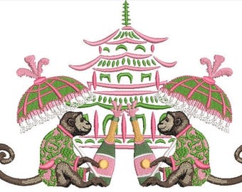 Chinoiserie Embroidery Design - Parasol Monkey Pagoda Embroidery Design - Machine Embroidery File design -  8x8 inch hoop