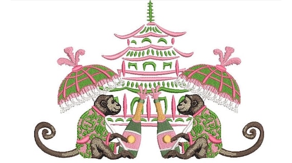 Chinoiserie Embroidery Design - Parasol Monkey Pagoda Embroidery Design - Machine Embroidery File design -  8x8 inch hoop