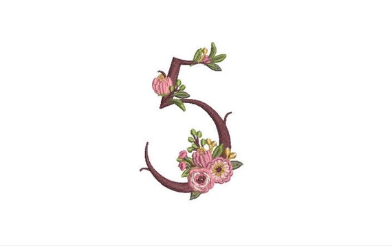 Floral Number 5 - FIVE - Fifth Birthday-  Machine Embroidery File design - 4x4 hoop - embroidery design