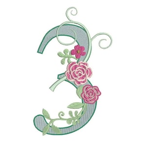 Number 3 - THREE - Rose - THIRD Birthday-  Machine Embroidery File design - 5x7 hoop - embroidery design