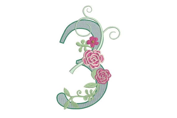 Number 3 - THREE - Rose - THIRD Birthday-  Machine Embroidery File design - 5x7 hoop - embroidery design