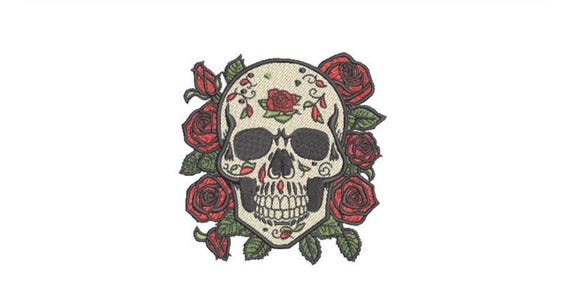 Rose Skull Embroidery - Boho Skull Roses Bohemian Machine Embroidery File design - 4x4 inch hoop
