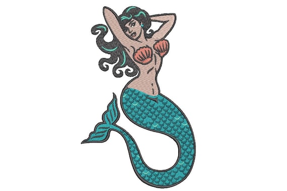 Mermaid Embroidery - Pin-Up Mermaid Machine Embroidery File design 5x7 hoop -  instant download - Retro Tattoo