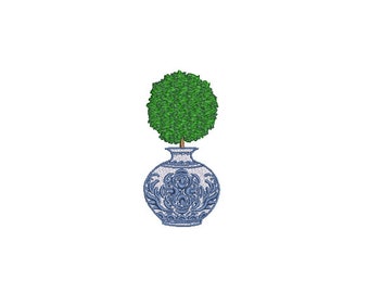 Chinoiserie Topiary Embroidery - Hamptons Pot Plant - Machine Embroidery File design - 4 x 4 inch hoop - Instant Download