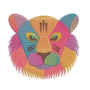 May include: An embroidered tiger head patch featuring a vibrant patchwork design with segments of pink, blue, yellow, orange, and green thread. The tiger face has detailed stitching, dark brown whiskers, and a brown nose, creating a textured appearance.