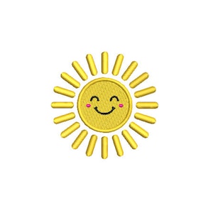 May include: A yellow sun with a smiling face and pink cheeks. The sun has a circle of yellow rays around it.