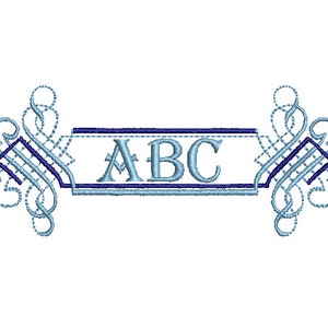 May include: A blue and white monogram with the letters "ABC" in a decorative frame.