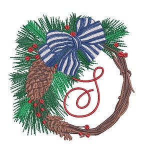 Christmas Pine Cone Wreath Embroidery - Machine Embroidery File - design 5x7 inch hoop - Monogram frame