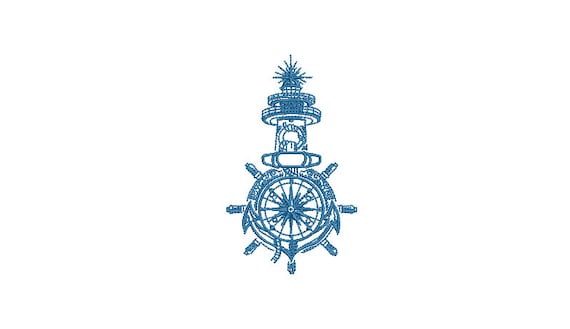 Nautical Illustration  Machine Embroidery File design - 4x4 inch hoop - Lighthouse Ships Wheel Compass