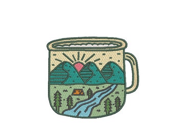 Camping Mug Embroidery Design - Hiking Embroidery Design -  Machine Embroidery File design 4 x4 inch hoop