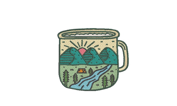 Camping Mug Embroidery Design - Hiking Embroidery Design -  Machine Embroidery File design 4 x4 inch hoop