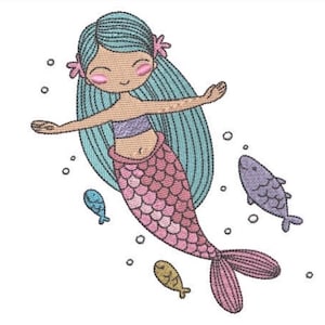 Mermaid Fishies embroidery Design - Mermaid Machine Embroidery File design - 5x7inch hoop - Seafoam