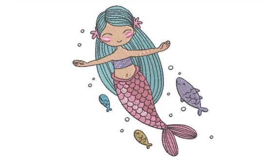 Mermaid Fishies embroidery Design - Mermaid Machine Embroidery File design - 5x7inch hoop - Seafoam